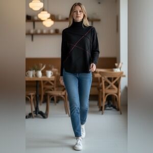 Fioreblu Black Knit Turtleneck Sweater Stitch Detail Made in Italy Womens M